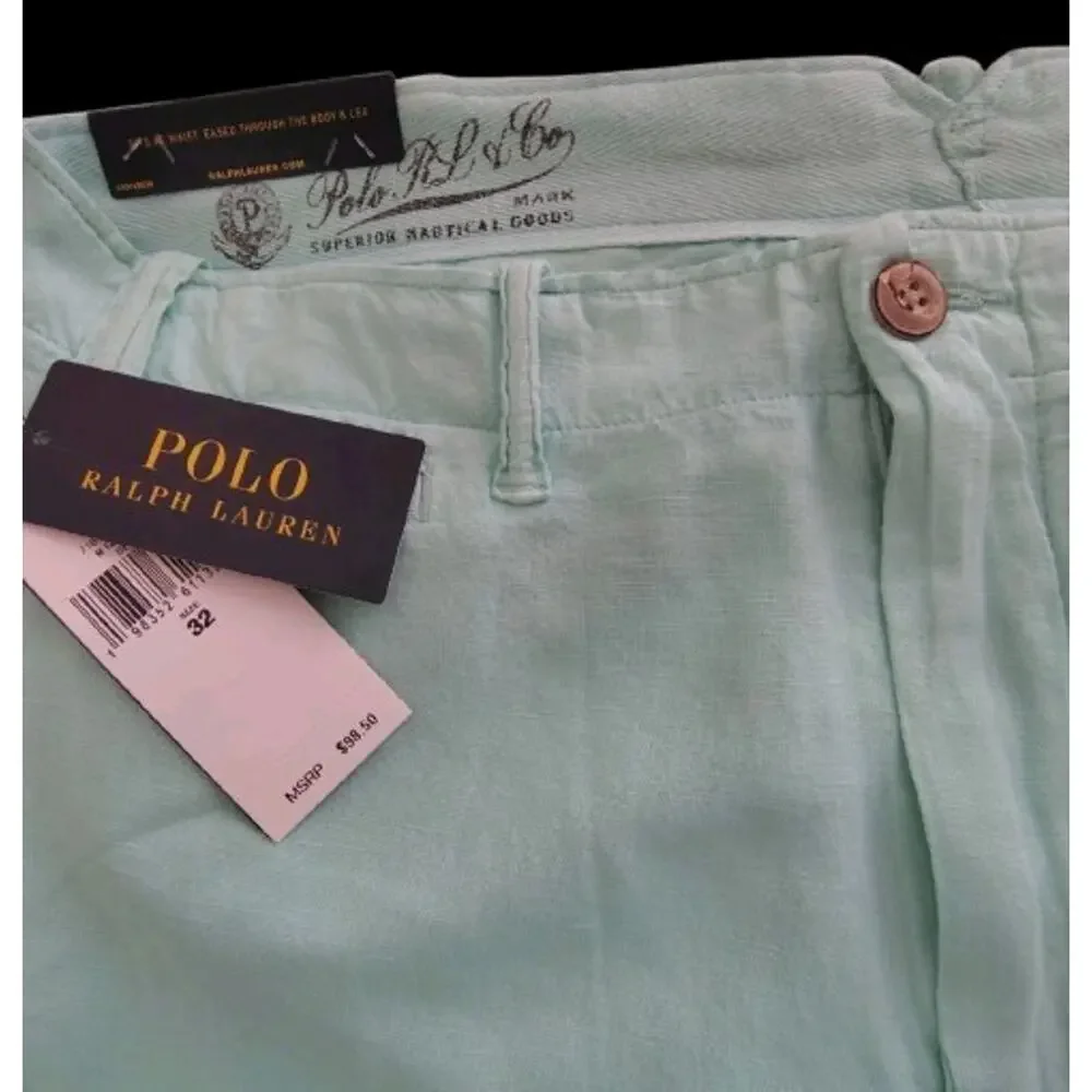 NWT Polo Ralph Lauren Mens 32 Linen Cotton Mint Green Classic Fit Shorts Travel